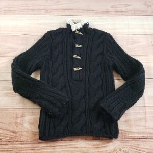 Club Monaco Sweater Womens Medium Black Cable Knit Wool‎ Cardigan Preppy Adult